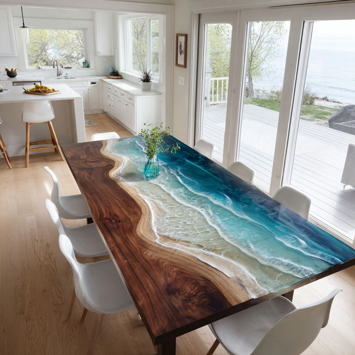Dining table with a beach-themed design in a modern kitchen