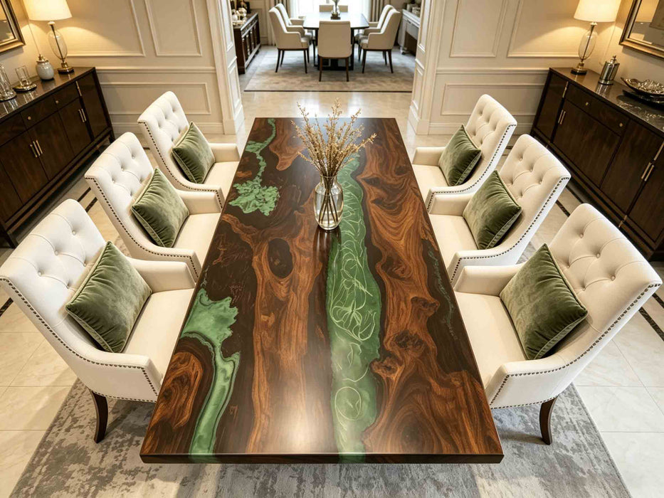 Luxury office conference table made of black walnut with bold emerald green epoxy river design