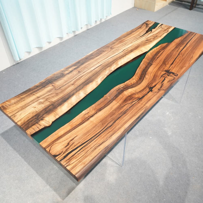 Emerald green live edge dining table with rich black walnut grain