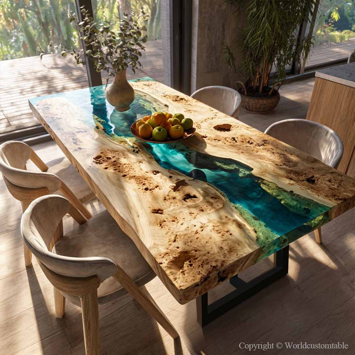 emerald green resin river flowing through poplar wood table
