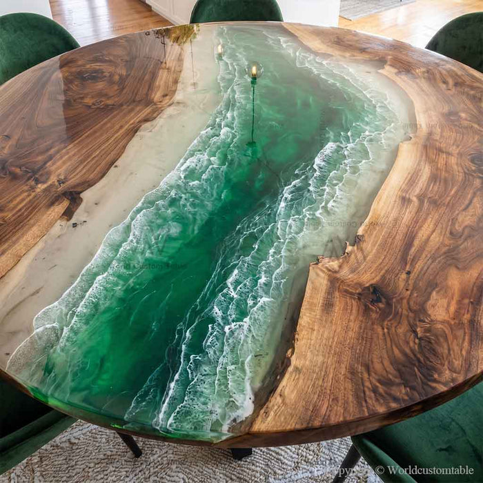Artistic resin and wood dining table showcasing emerald wave pattern centerpiece