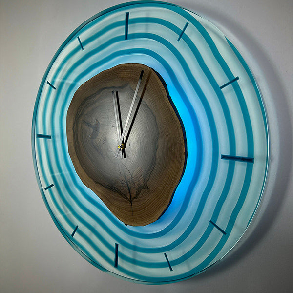 Modern epoxy clock with tree slice center and ripple pattern