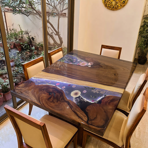 Epoxy coffee table made of black walnut wood featuring illuminated floral resin art design