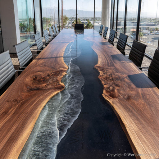 Close-up of epoxy conference table top highlighting black wave resin and natural walnut grain