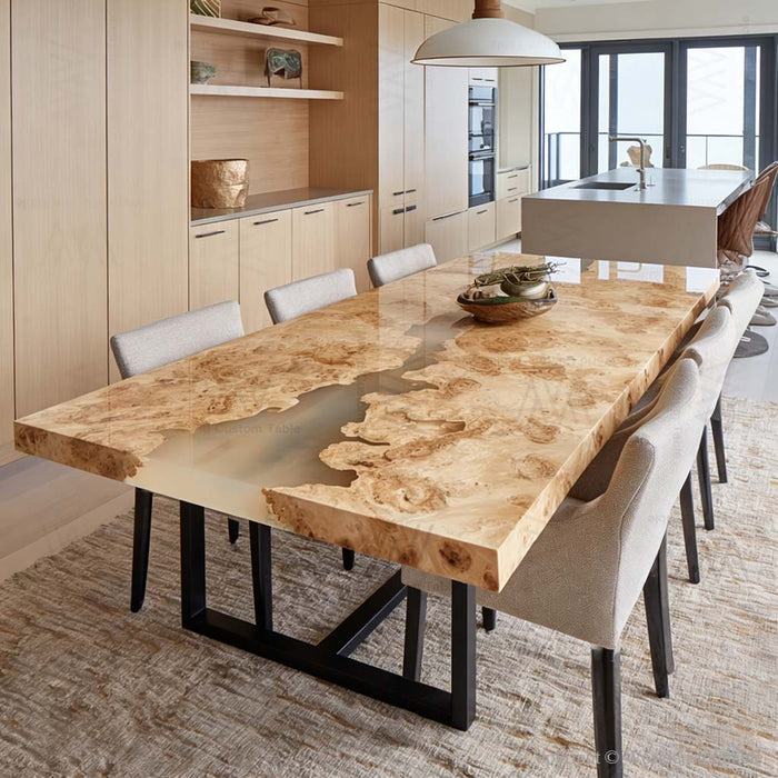 Close-up of gray resin flow on epoxy dining table