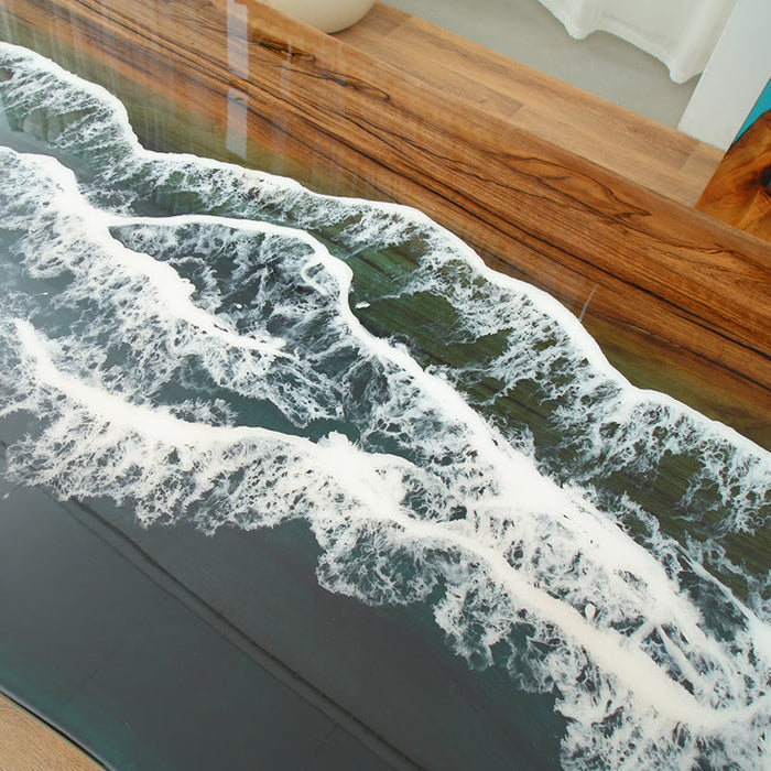 epoxy resin wood table with a high-gloss finish and a modern acrylic base