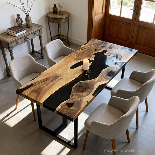Epoxy dinning table made of black walnut with black epoxy