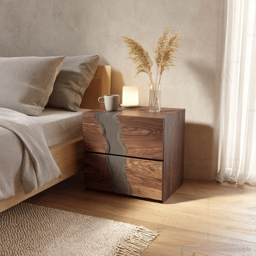 Epoxy nightstand in modern bedroom setting