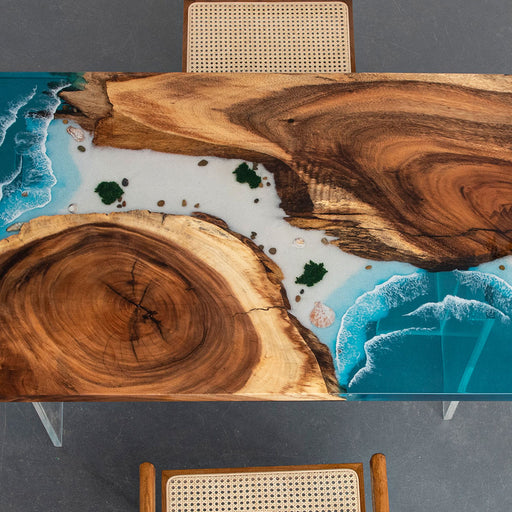 Ocean-style epoxy river table with natural walnut slab