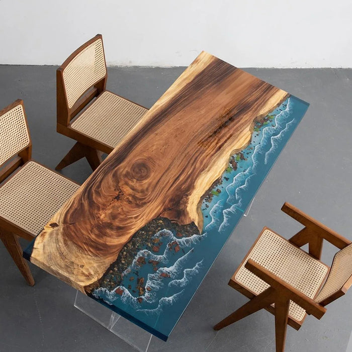 Handmade live edge walnut dining table with realistic epoxy ocean design