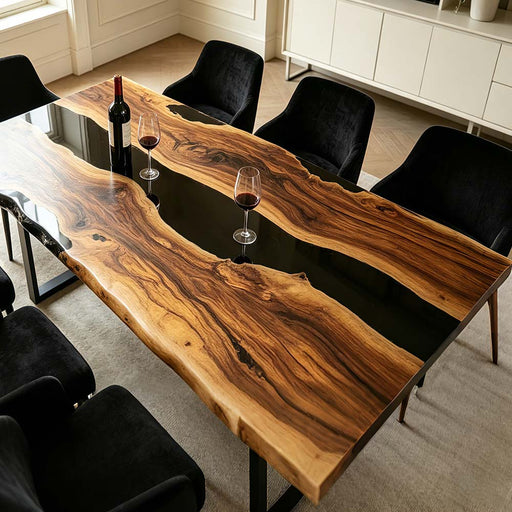 Modern walnut epoxy resin dining table with natural live edge design