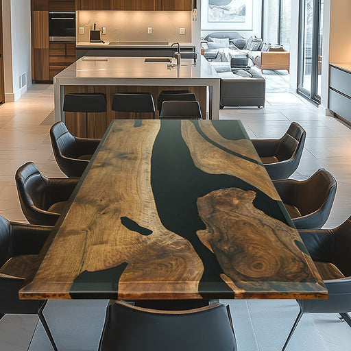 This is an elegant epoxy resin wood table. The tabletop showcases dark, rich-toned wood with distinct natural grain patterns, complemented by sleek black epoxy resin inlays that add a modern touch. The clear acrylic legs provide a light and airy base, enhancing the overall aesthetic. The combination of the sturdy wood and the glossy epoxy resin creates a durable and visually appealing surface, making it suitable for use as a dining table or in a contemporary office setting.                                