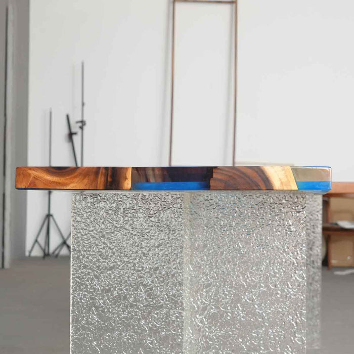 Epoxy resin L-shaped kitchen counter made from premium walnut wood and blue resin