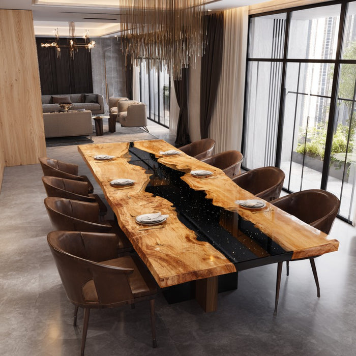 Modern dining room with a long wooden table and chairs in a stylish interior.