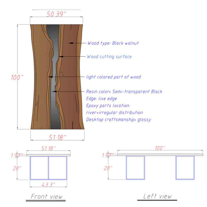Technical drawing of a wooden surface with measurements and descriptions