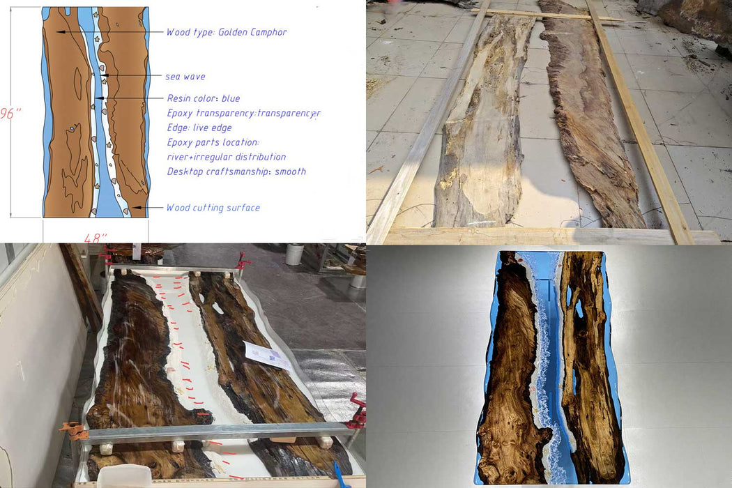 Collage of images showing a wood type Golden Camphor desk top with text labels.