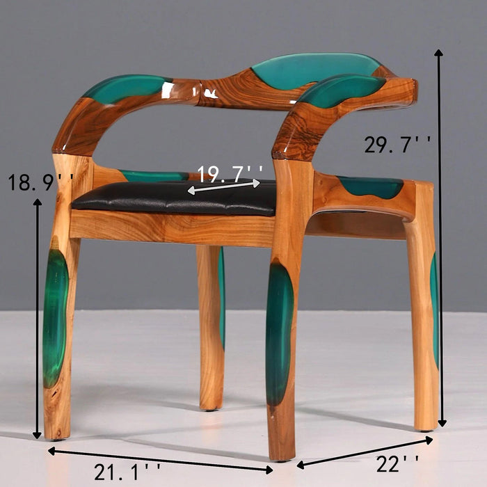 Wooden chair with green accents and measurements on a gray background