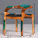 Wooden chair with green accents and measurements on a gray background