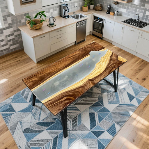 Epoxy resin computer desk with wood base.