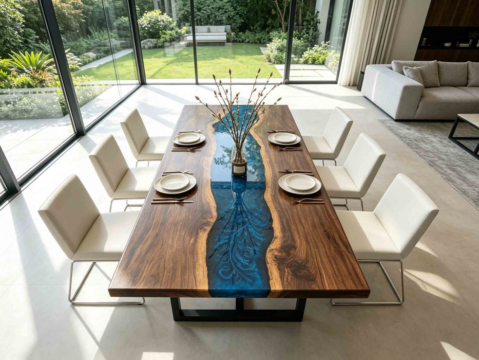 Custom epoxy river dining table black walnut wood for modern US homes