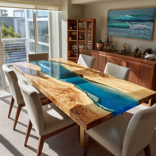 Dining room with a wooden table featuring a blue resin inlay, surrounded by chairs.