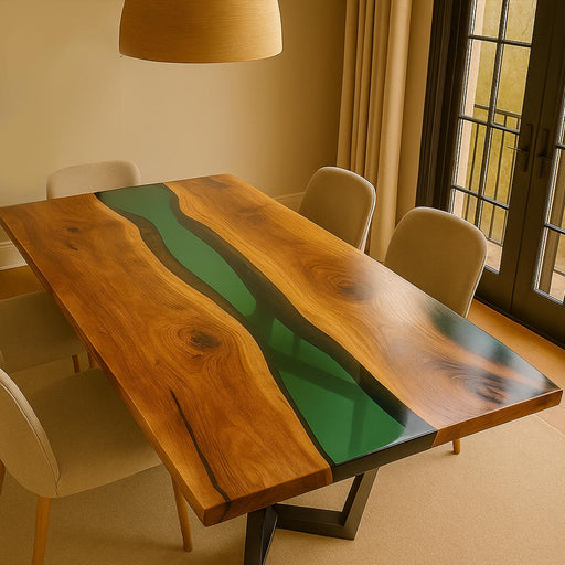 Dining table with green epoxy resin inlay in a room with chairs and a lamp.