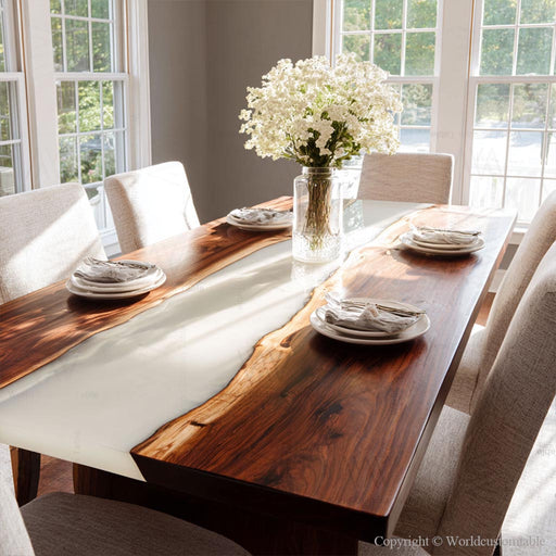 Handcrafted walnut epoxy river dining table with a glossy resin surface and elegant wood grain, designed by Worldcustomtable for luxury dining spaces filled with natural light.