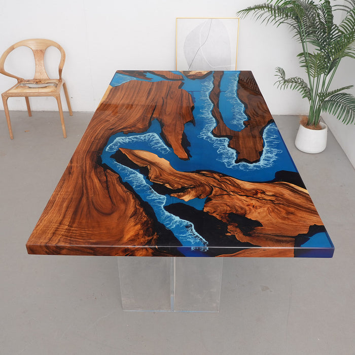 Epoxy River Table Featuring Olive Burl Wood and Blue Resin