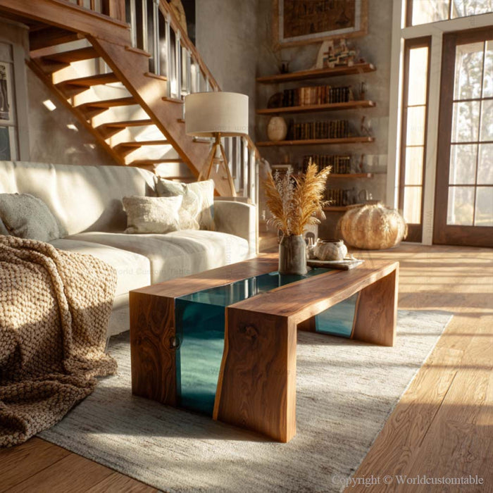 Epoxy waterfall table with natural wood river design in cozy room