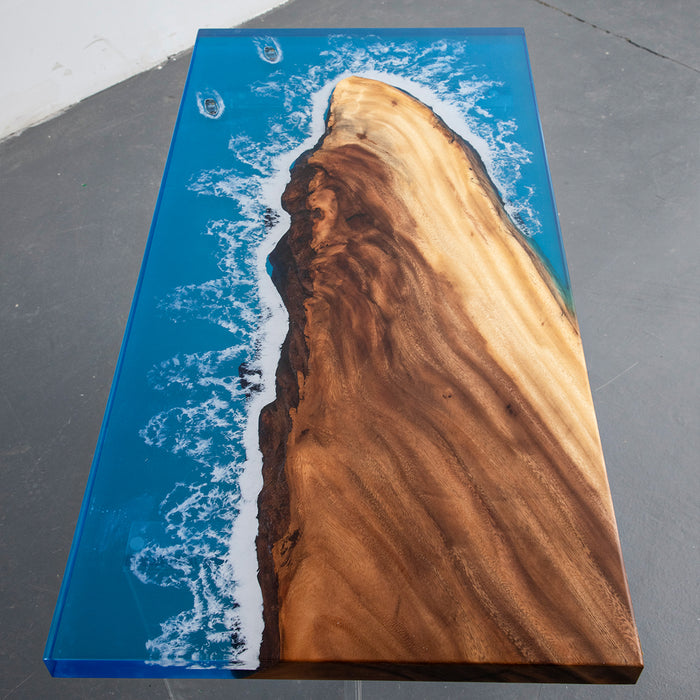 Walnut wood epoxy table with beach shoreline and breaking wave detail