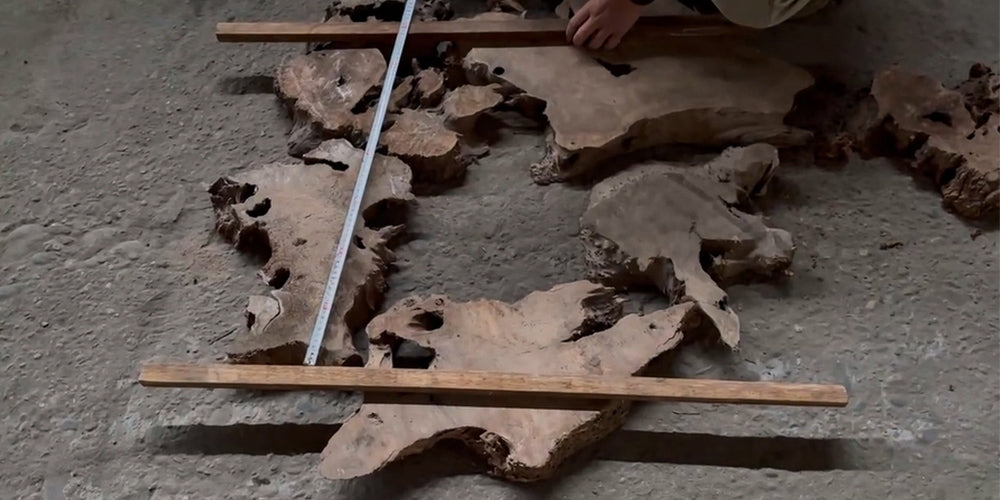 Laying out live edge wood slabs for custom epoxy table design