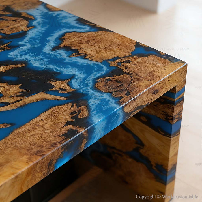 Interior view highlighting epoxy waterfall burl wood table as centerpiece