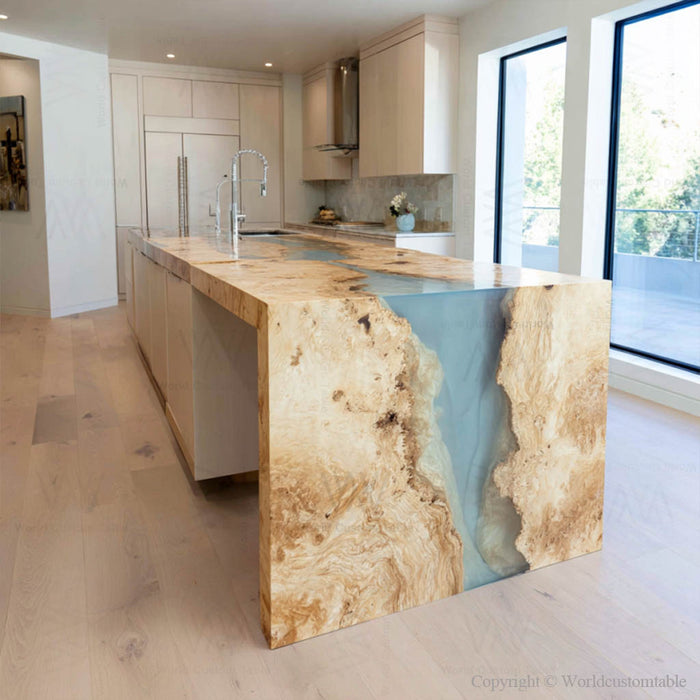 Detailed blue resin flow on epoxy waterfall dining table