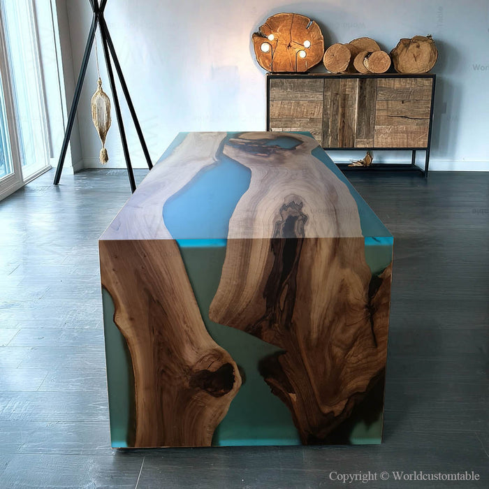 Epoxy waterfall dining table in modern dining room