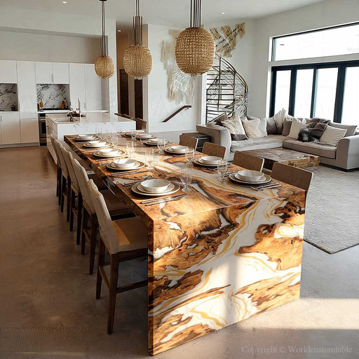 Epoxy waterfall dining table in modern dining room