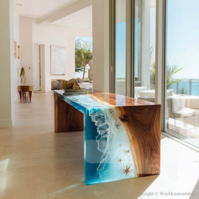 Epoxy waterfall table in Miami coastal style conference room