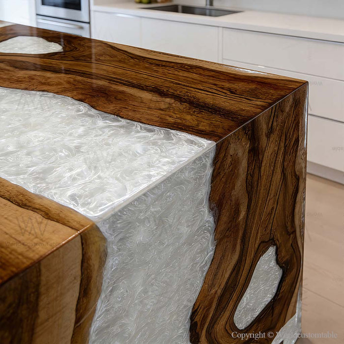 Epoxy waterfall table in mid-century modern cozy home setting