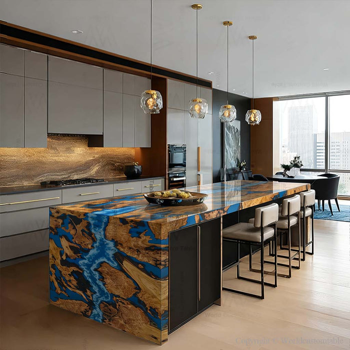 Side view showing waterfall resin effect and natural wood grain