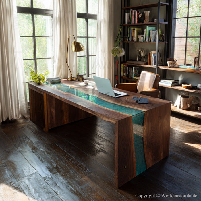 Epoxy waterfall table used as a desk in a modern study room