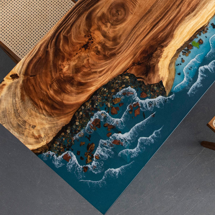 Epoxy wave dining table with live-edge walnut for beach homes