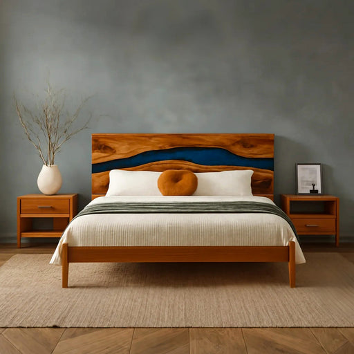 Wooden bed with unique headboard design in a bedroom setting