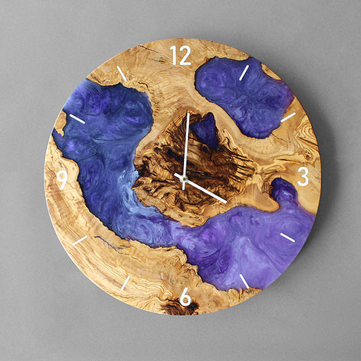 Epoxy resin and olive wood wall clock with modern purple accents