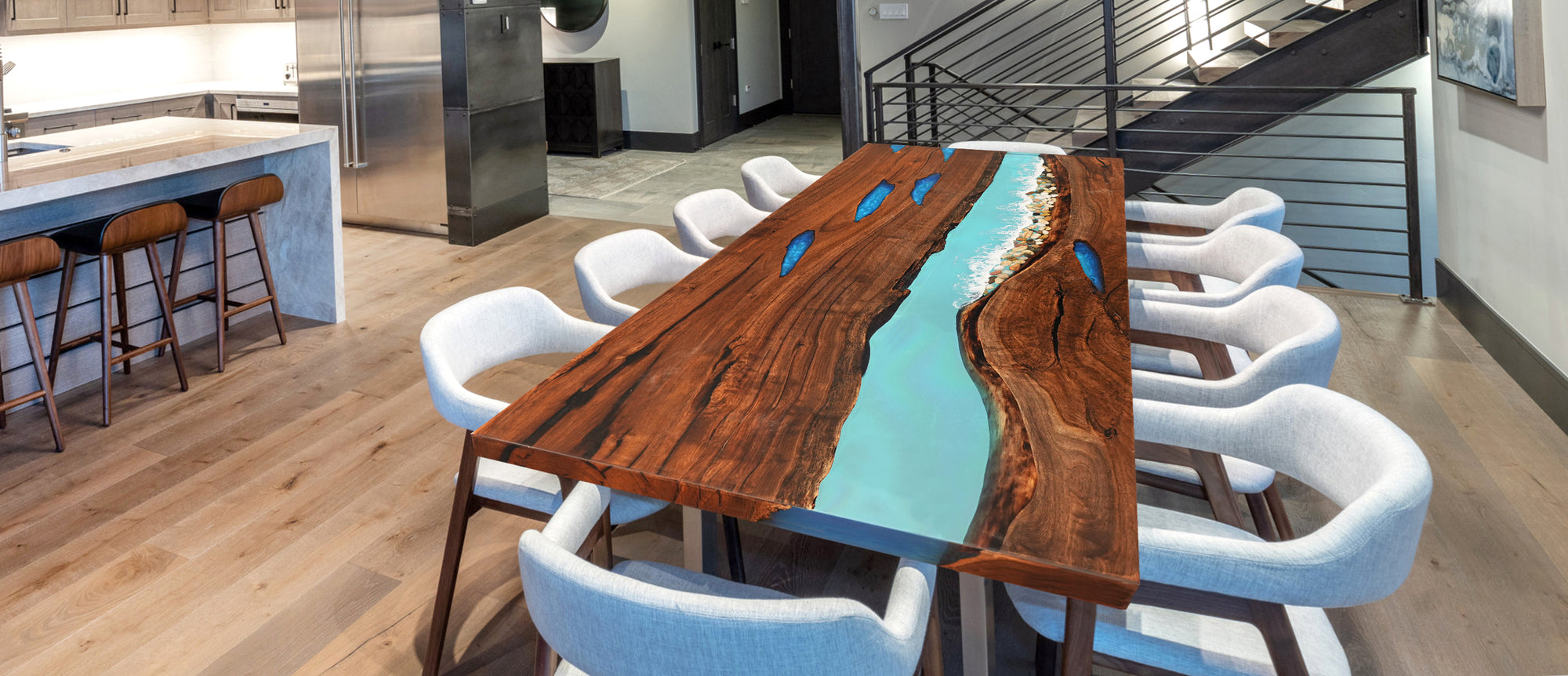 Epoxy river table made with premium resin and natural wood, offering a unique, nature-inspired design for any room