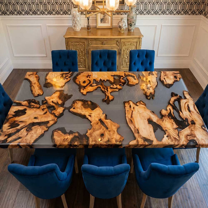 High-end burl wood and charcoal resin conference table designed for professional office boardrooms.