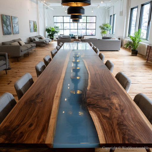 Extra large black walnut epoxy conference table with navy blue resin