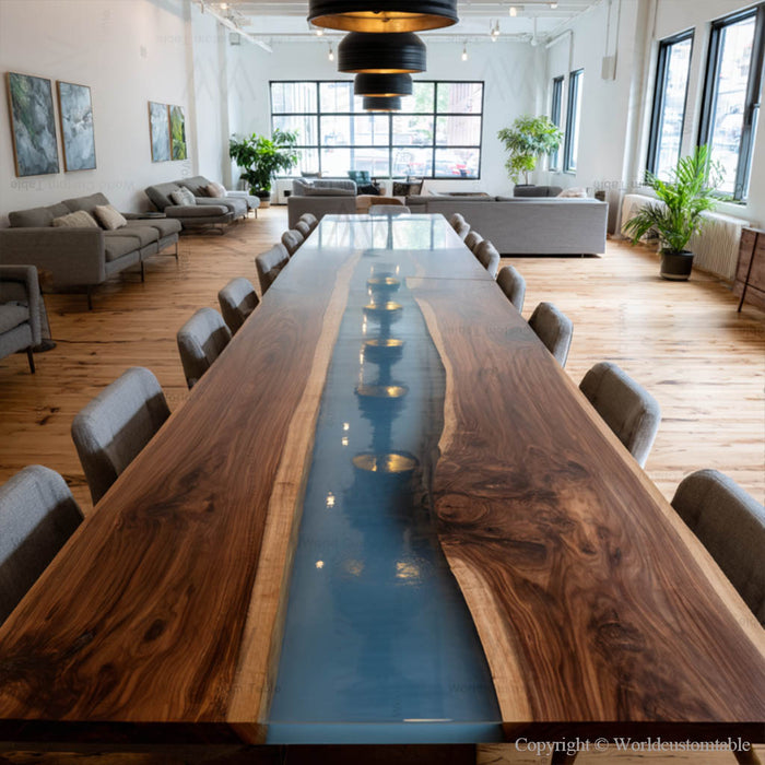 Extra large black walnut epoxy conference table with navy blue resin