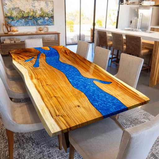 Factory stock walnut epoxy resin dining table, ready for immediate delivery