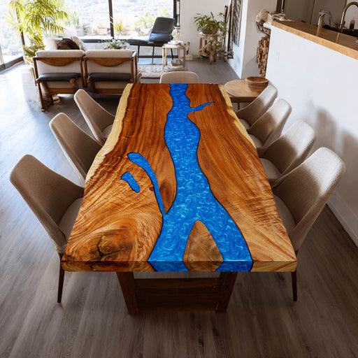 Factory stock walnut epoxy resin dining table, ready for immediate delivery