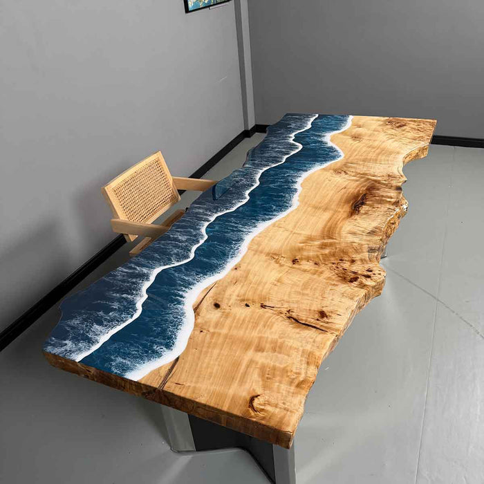 Wooden table with blue resin design in a minimalistic room