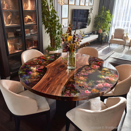 Top view of floral resin bloom design on epoxy dining table with natural wood accents